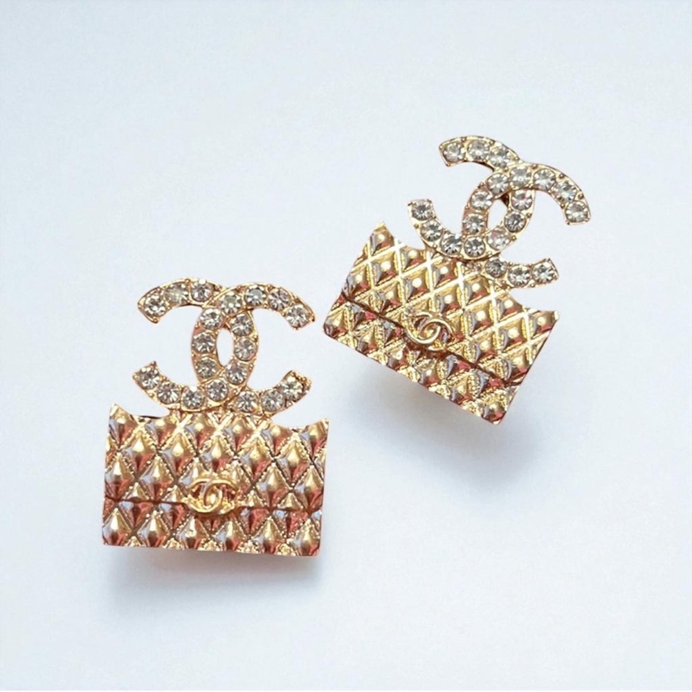Quilted Gold and Silver Earrings clear crystals